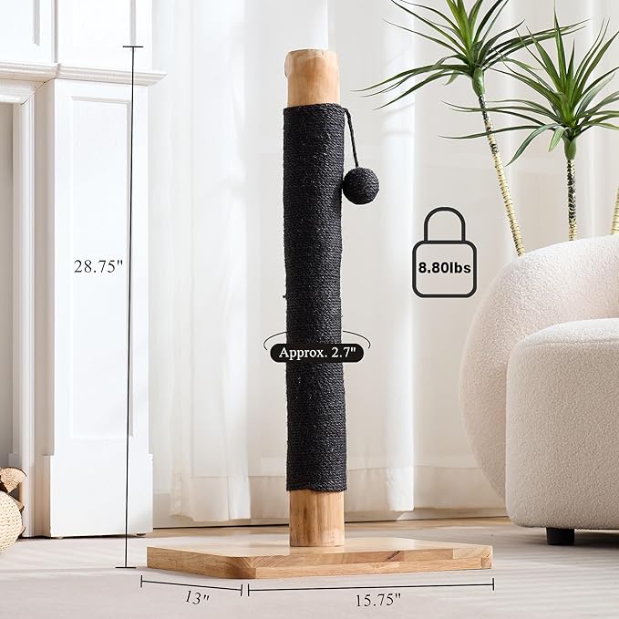 29" Tall Cat Scratching Post with Sisal Scratcher, Extra-Stable & Natural Solid Rubber Wood Base, Hanging Ball Toy for Indoor Cats Adults & Kittens, Black