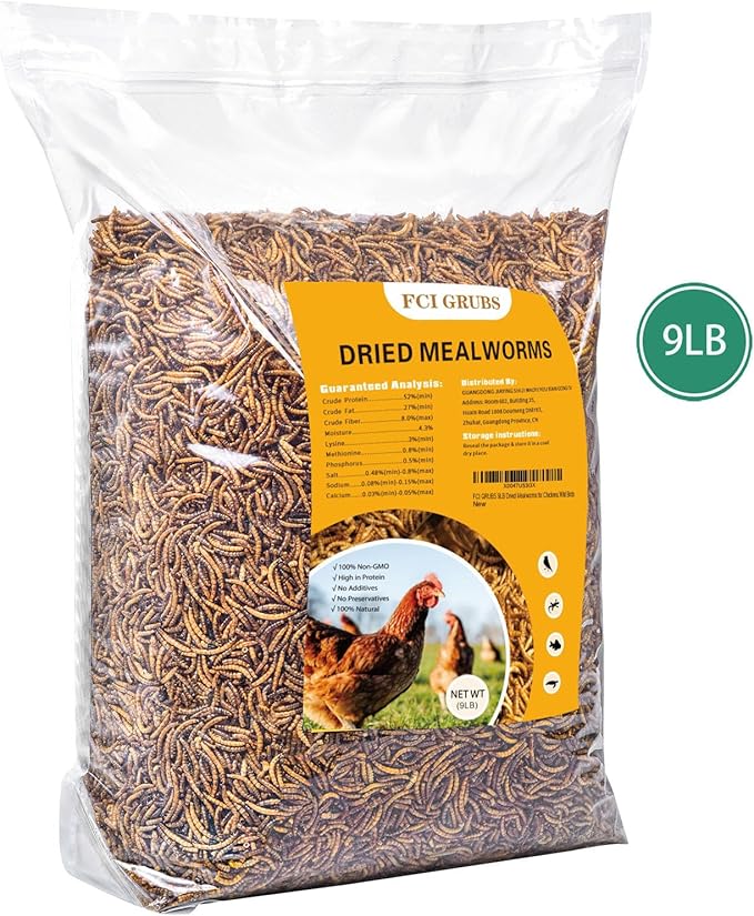 Dried Mealworms 9LB-High Protein Chicken Feed,More Protein,No Additives,Premium Organic Non-GMO,Rich in Protein Meal Worms for Chickens,Wild Birds,Laying Hens,Turkeys-Nutrient-Rich Mealworms