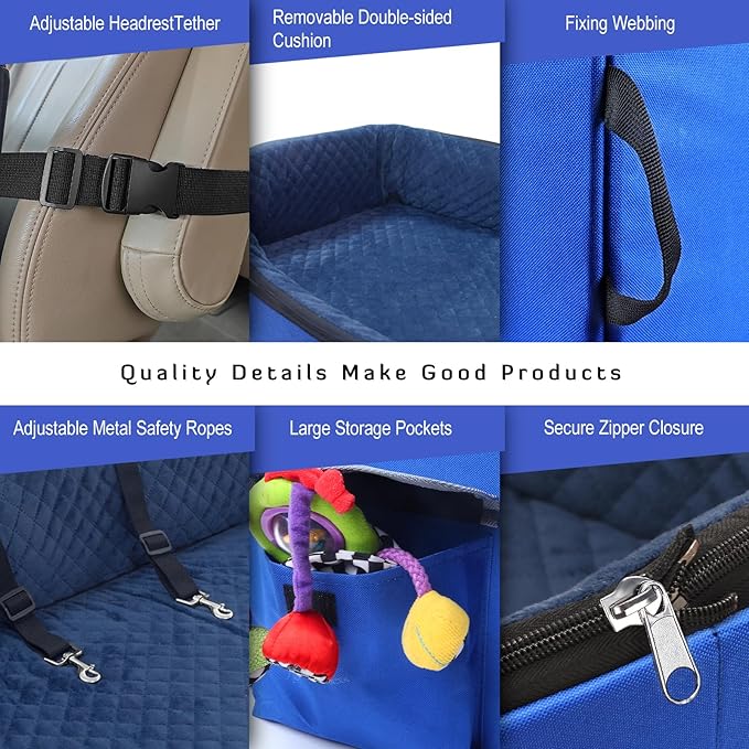 INFANZIA Dog Booster Car Seat for Small Medium Large Dogs, Elevated Pet Car Seats with Safety Leash for Pets Under (Royal Blue, Large)