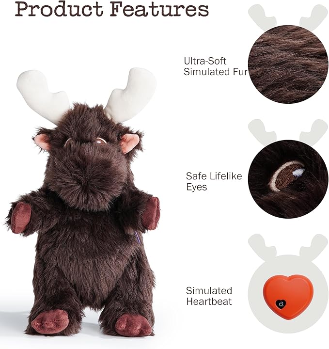 Moose Heart Beat Dog Toy for Puppy - Soft Plush Stuffed Animal Dog Pal with Heartbeat for Puppy Small Medium Large Breed, Ideal for Comfort & Anxiety Relief - Small