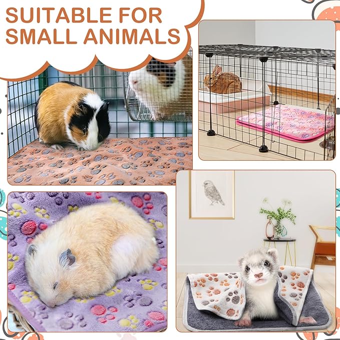 Reginary 4 Pcs Waterproof Guinea Pig Blankets Washable Small Animal Fleece Bedding Absorbent Guinea Pig Cage Liners Reusable Pet Pee Pad Sleep Mat for Hamster Ferret(Paw Print,28 x 56 Inch)