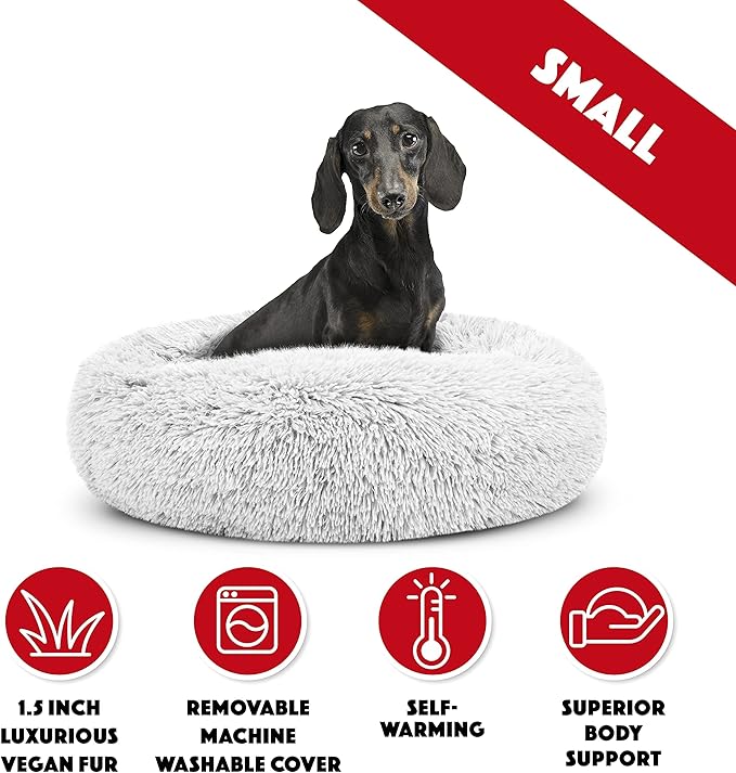 The Dog's Balls Sound Sleep Donut Dog Bed, Small Ice White Fur Calming Nest Bed