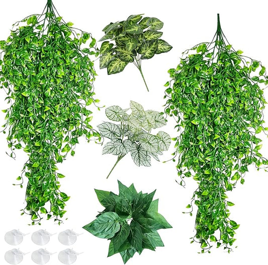 Hamiledyi Reptile Plants Tank Habitat Decorations Fake Hanging Vines 5 Pcs Artificial Leaves Habitat Decorations with Suction Cup for Bearded Dragon, Leopard Gecko, Lizard, Chameleon, Snake (Green)