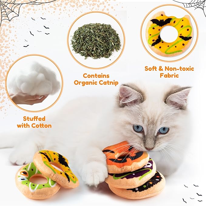 L1rabe Christmas Catnip Cat Toys - 5 Donut Catnip Stuffed Kittens Supplies, Pumpkin Bat Spider Dessert Pet Toys, Fun Cats Chew Bite Teething Tools Catmint Birthday Interactive Supplies