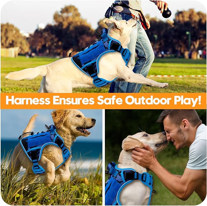 Heavy-Duty Tactical Dog Harness for Large Dogs, No Pull Adjustable Reflective Pet Vest with Molle System, K9 Military-Grade Control for Service Training, Outdoor & 10+ Breeds, Blue Camo, Large