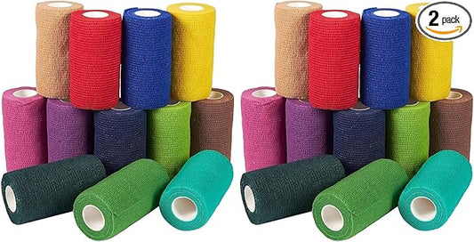 Juvale 12 Rolls Colorful Self Adhesive Bandage Wrap 4 Inch Wide x 5 Yards - Cohesive Vet Tape for First Aid, Sports, Tattoo (12 Colors) - Vet Wrap (Pack of 2)