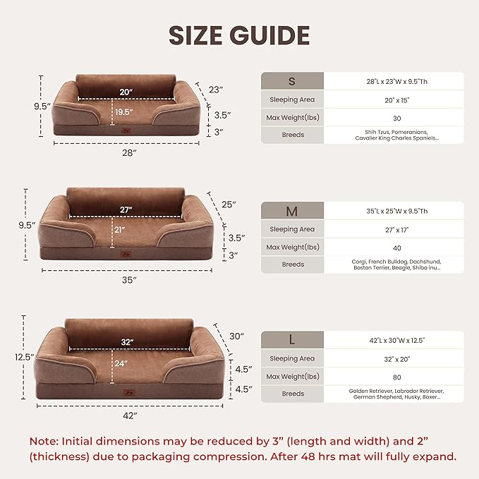 Orthopedic Dog Beds for Large Sized Dogs, Waterproof Egg-Crate Foam Pet Couch Bed with Soft Sides, Non-Slip Dog Sofa with Flannel Removable Washable Cover, 35" L Supportive Pet Sofa, Brown