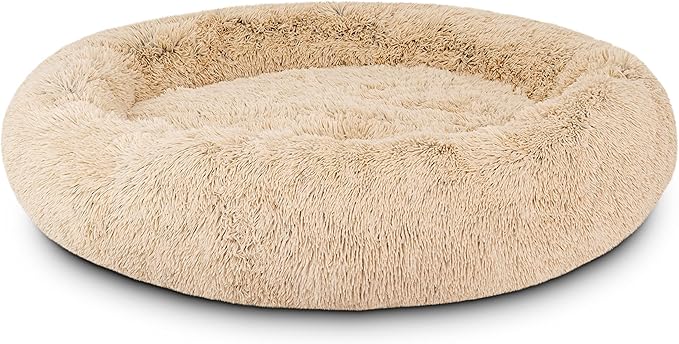 The Dog’s Bed Sound Sleep Donut Dog Bed, XXL Dog Beige Fur Calming Nest Bed Removable Cover