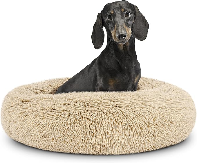 The Dog’s Bed Sound Sleep Donut Dog Bed, Small Beige Fur Calming Nest Bed
