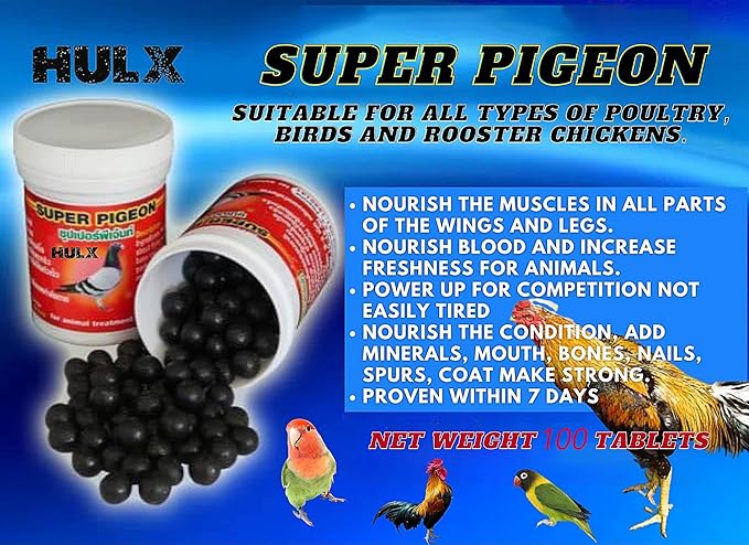 HULX Super Pigeon 100 Tablets, Bird Booster & Rooster Booster Speed Vitamins Health Chicken Supplement Increasing Energy Flying, Muscle Bone, Reduce Cramp Feed All Poultry Hen Food