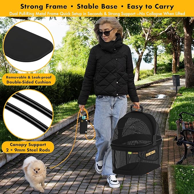 PAWZIDEA Portable Small Dog Crate for Car Travel, Enclosed Pet Car Seat for Small/Medium Dogs Cats up 33lb, Reversible No-Zip Canopy, Soft-Sided Pet Carrier Basket, Collapsible Dog Kennel, Metal Frame
