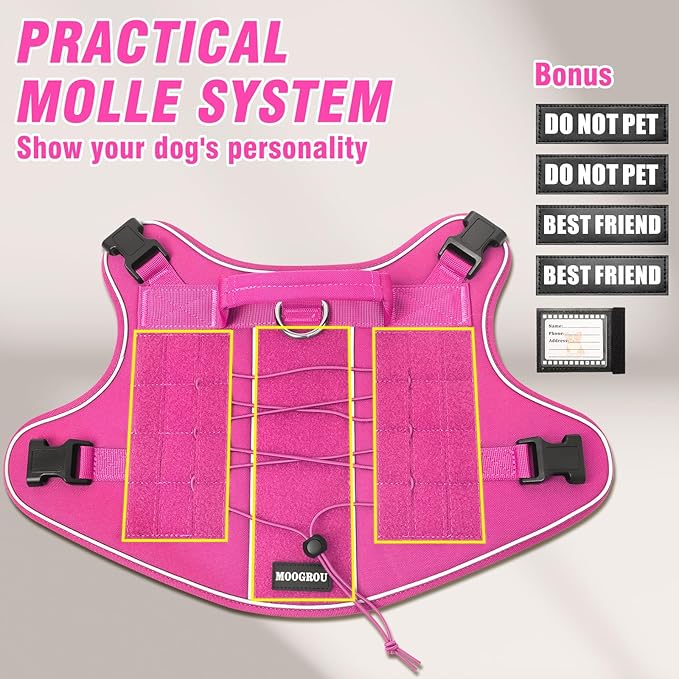 Tactical Dog Harness for Large Dogs,No Pull Military Dog Vest with Handle,Reflective Heavy Duty Pet Harness for K9 Working Walking Hiking Training Pink XL