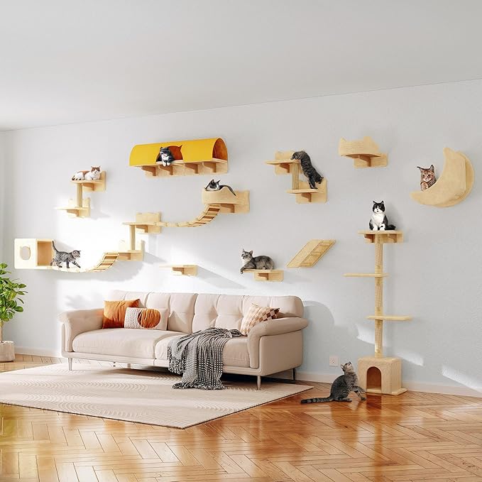 20-in-1 Cat Wall Shelves, Wall Mounted Pet Furniture w/Plush Fabric, Cat Climbing Wall System, 63'' Cats Tower w/Scratching Posts, Cats Shelf with 40''L Tunnel, Condos, House, Step and Ladder
