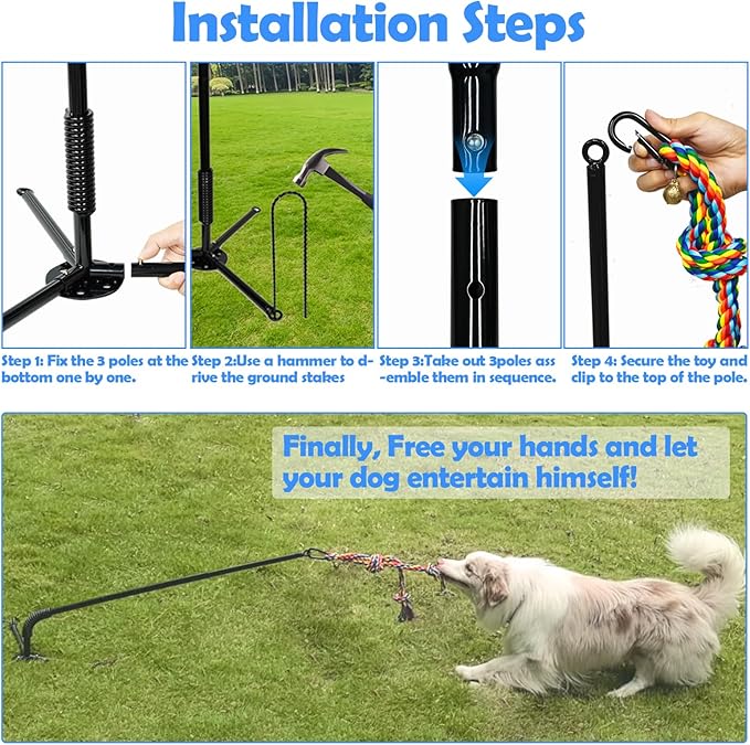 Tether Outdoor Dog Toy,Interactive Exercise Game in Yard Park Tug of War for Large Medium Small Dog Puppy with 2 Rope Toy and Bell Pull Chase and Solo Play