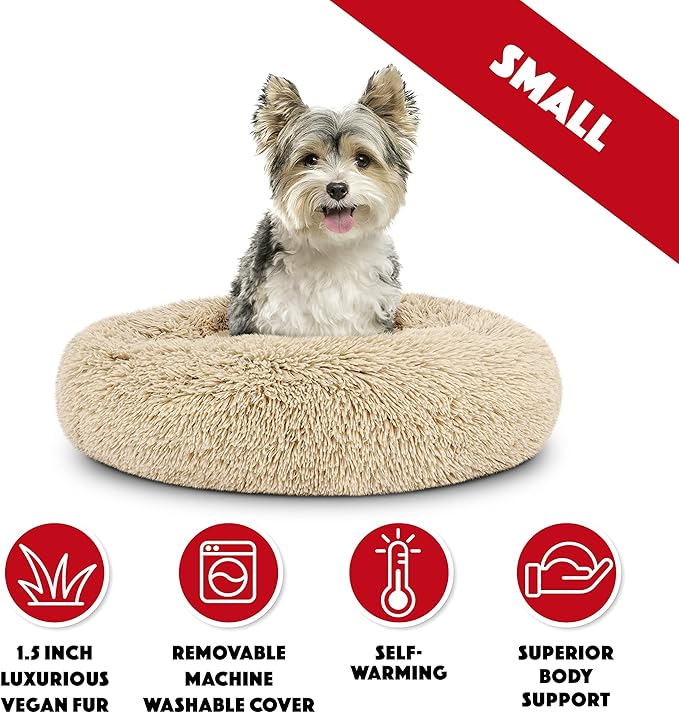 The Dog’s Bed Sound Sleep Donut Dog Bed, Small Beige Fur Calming Nest Bed