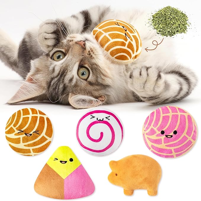 L1rabe Mexican Catnip Stuffed Toys 5Pcs Concha Cafecito Pan Dulce Funny Cat Toys for Cat Lovers Winter Indoor Kitten Chew Bite Kick Non-Toxic Pet Supplies Kitten Birthday Presents