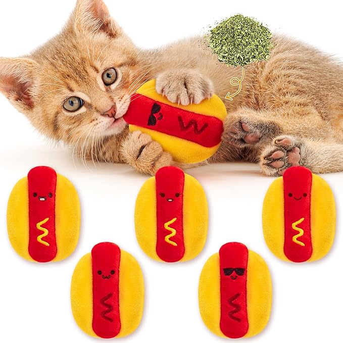 L1rabe Hot Dog Catnip Stuffed Toys - 5Pcs Funny Hot Dog Cat Toys Indoor Yellow Interactive Pet Supplies, Kitten Chew Bite Tools Cat Lovers Gifts, Organic Eco-Friendly Birthday Present