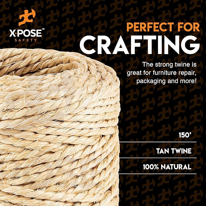 Sisal Twine - 2 Ply 150 Ft Thin Natural Fiber Rope on Spool - Rope for Cat Scratching Post, Cat Tree Replacement Parts, Pet Toy - Decorative Cordage for Crafts, Pole Wrap 6 Pack
