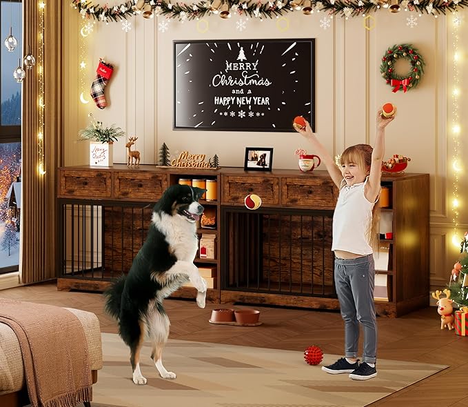 Dog Crate Furniture 47?? Large Dog Crate TV Stand with 2 Drawers and 4 Shelves, Wooden Dog Kennel Indoor, Decorative Dog Cage with Storage for Large Dogs, Brown