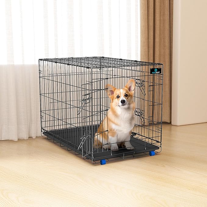 PetsTuff Great CRATES 42” X-Large Dog Crate - Heavy-Duty Dog Kennel with Divider Panel for Pets 65-85lbs - Durable Leaf-Proof Tray - Foldable, Carry Handle & Wheels for Easy Moving