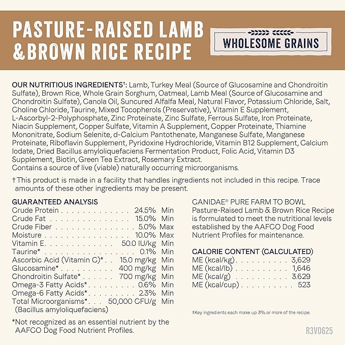 CANIDAE Pure Farm to Bowl Pasture-Raised Lamb & Brown Rice Dog Food, Adult Dog Food, 4lb