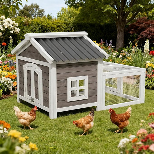 Wooden Chicken Coop Indoor and Outdoor,Hen House Poultry Pet Hutch with 2 Zone,Waterproof roof,Windows and Ventilation Door for Small Animals Habitat