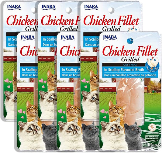 INABA Premium Hand-Cut Grilled Chicken Fillet Cat Treats/Topper with Vitamin E and Green Tea Extract, 0.9 Ounces Each, Pack of 6, Scallop Broth