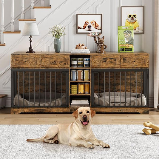 82??Double Dog Crate Furniture, Large Dog Kennel Indoor for 2 Dogs, Heavy Duty Wooden Dog Crate TV Stand with 4 Drawers and Shelves, Brown