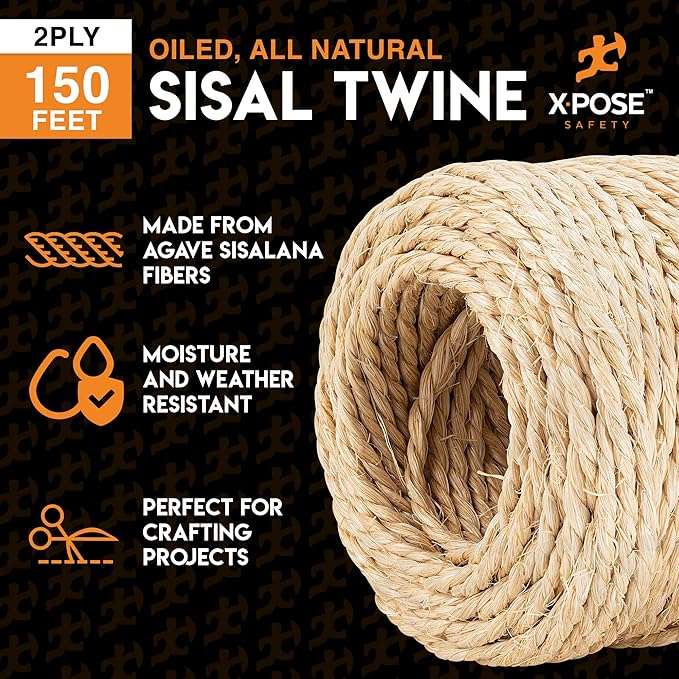 Sisal Twine - 2 Ply 150 Ft Thin Natural Fiber Rope on Spool - Cat Scratching Post, Rope for Cat Scratcher, Cat Tree Replacement Parts, Pet Toy - Decorative Cordage for Crafts, Pole Wrap 2Pack