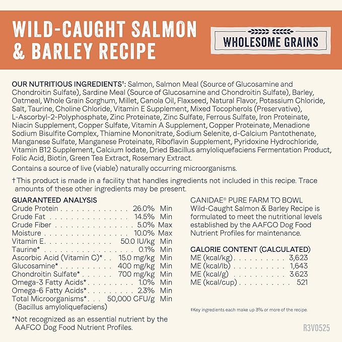 CANIDAE Pure Farm to Bowl Wild-Caught Salmon & Barley, Adult, Dry Dog Food, 4lb
