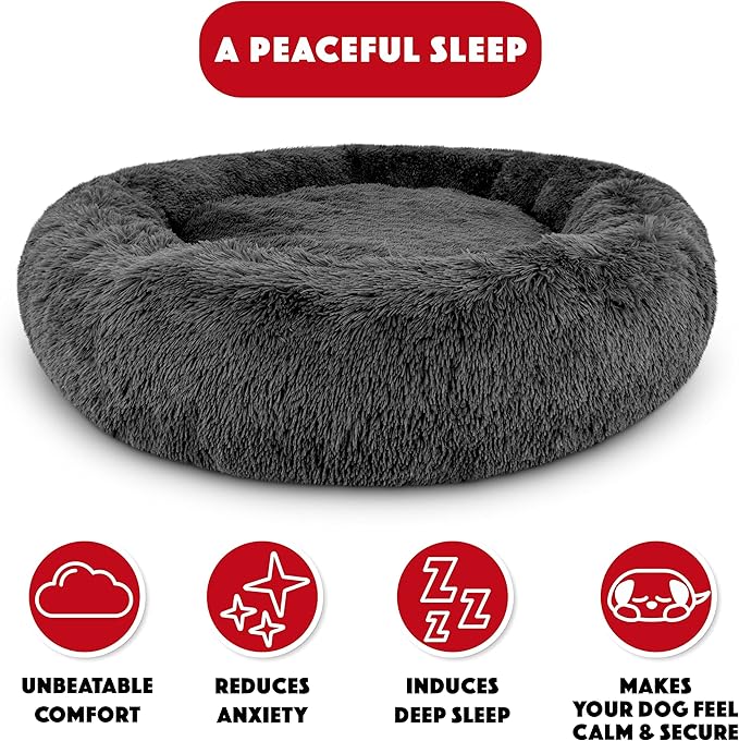 The Dog’s Bed Sound Sleep Donut Dog Bed, XXL Grey Fur Calming Nest Bed Removable Cover