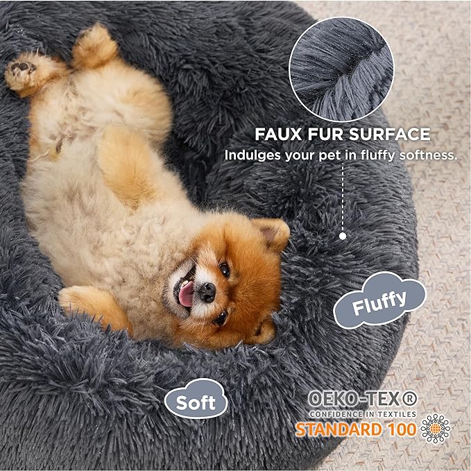 Bedsure Calming Dog Bed for Small Dogs - Donut Washable Small Pet Bed, 23 inches Anti-Slip Round Fluffy Plush Faux Fur Large Cat Bed, Fits up to 25 lbs Pets, Dark Grey