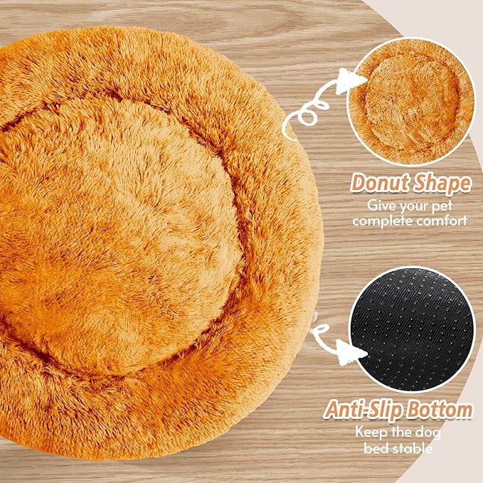 JOLLYVOGUE Calming Dog & Cat Bed for Small Dogs, Anti-Anxiety Donut Cuddler Cozy Soft Round Bed with Anti-Slip Bottom, Fluffy Faux Fur Plush Cushion Beds for Small Medium Dogs (27")