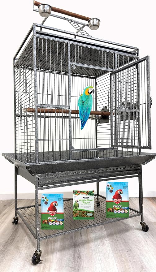 X-Large 32" Lx23 Wx69 H Deluxe Wrought Iron Bird Parrot Cage Top Play Ground Walk Ladder Stainless Cups Include Seed Guard Large Storage Shelf Heavy Duty Rolling Lockable Wheels
