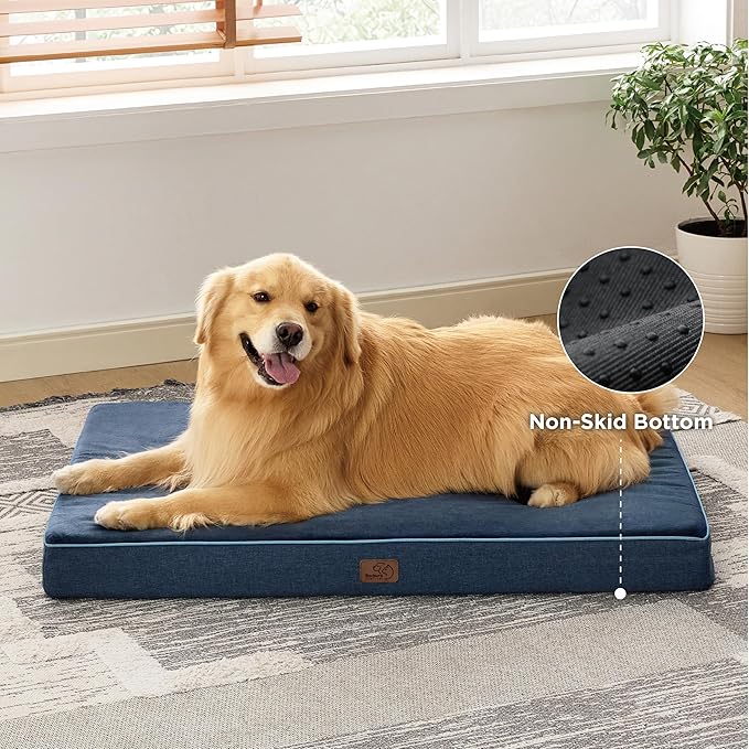 Bedsure Memory Foam Dog Crate Bed for Extra Large Dogs - XL Orthopedic Pet Beds with Removable Washable Cover and Nonskid Bottom - Plush Flannel Fleece Top Pet Mat, Navy