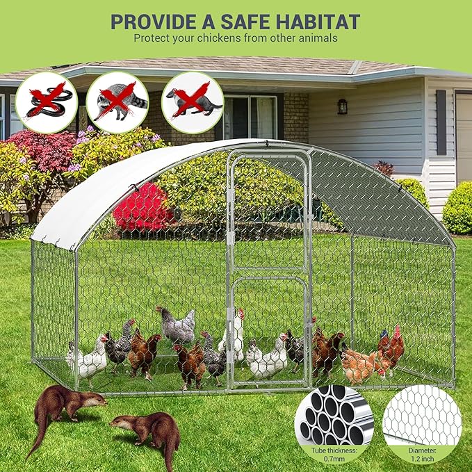 Large Metal Chicken Coop Run,Outdoor Walk-in Cage Peak Hen House with Waterproof and Anti-Uv Cover,Dome Roof Hen House with Security Lock for Outdoor,Backyard and Farm, 9.8 x 6.5 x 6.5 ft