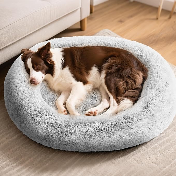 Orthopedic Calming Dog Bed for Large Dogs, Anti Anxiety Pet Beds with Supportive Foam, Removable Washable Oval Pets Couch, Fluffy Cuddle Bolster Cushion, Light Grey