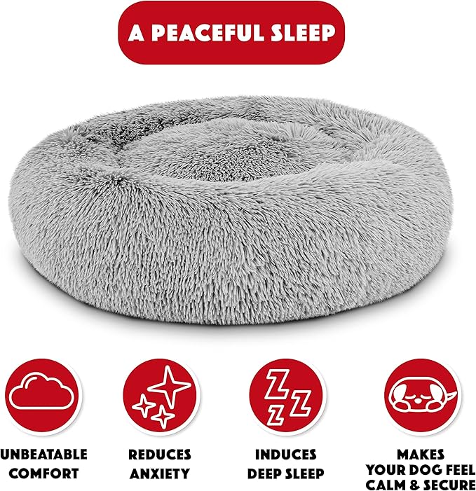 The Dog’s Bed Sound Sleep Donut Dog Bed, Small Silver Grey Fur Calming Nest Bed