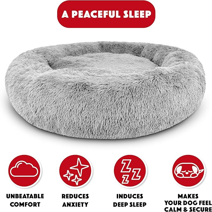 The Dog’s Bed Sound Sleep Donut Dog Bed, XXL Silver Grey Fur Calming Nest Bed Removable Cover