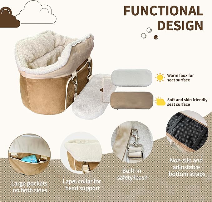 Johnear Puppy Dog Booster Seat for Small Dogs up to 28 lbs - 3 in 1 Portable Pet Handbag Sofa - Car Travel & Winter Warm Carrier with Safety Belt