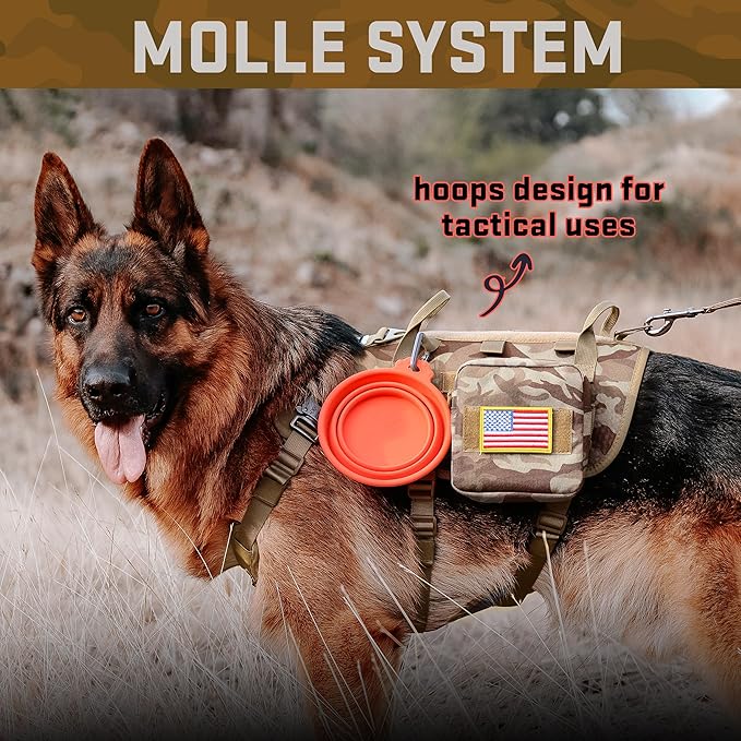 Forestpaw Tactical Dog Harness Tactical Dog Collar with Bungee Leash Set,No Pull Military Dog Harness for Walking Training,Adjustable for Medium Large Dogs,Camouflage Brown,Chest 21.5-45"