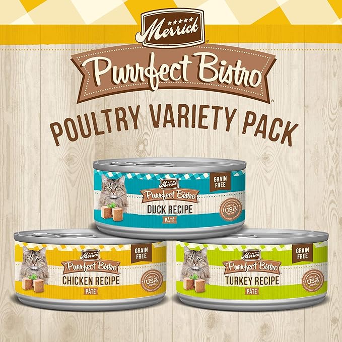 Merrick Purrfect Bistro Grain Free Premium Canned Pate Adult Wet Cat Food, Variety Pack, Chicken, Duck, Turkey - (Pack of 1) 8.25 lb. Cans