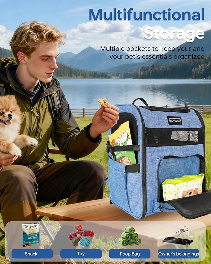 Hiking Dog Carrier Backpack, Padded Height-Enhancing Design, Adjustable Waist Cushioning Belt with Breathable Padded Back Support, Dog Carrier Backpack for Small Dogs Max 13LB Blue with Pad