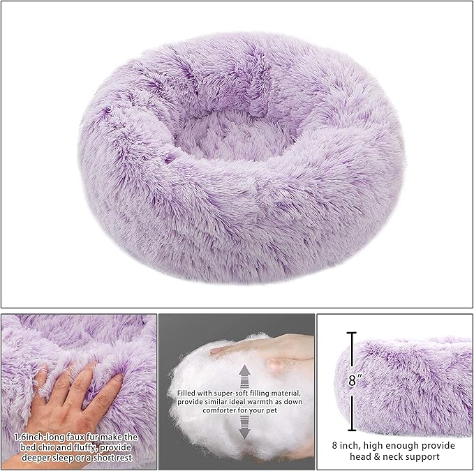 Dog Bed Large, Soft Round Cuddler Dog Beds Fluffy Plush Faux Fur Pet Beds, Anit-Anxiety Self-Warming Comfy (28", Purple)