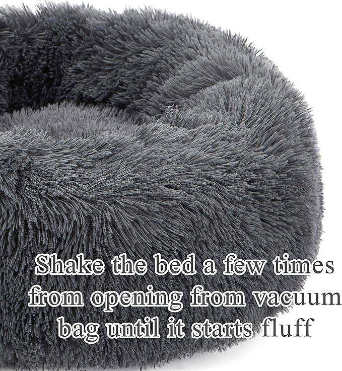 Dog Bed Large, Soft Round Cuddler Dog Beds Fluffy Plush Faux Fur Pet Beds, Anit-Anxiety Self-Warming Comfy (28", Dark Grey)