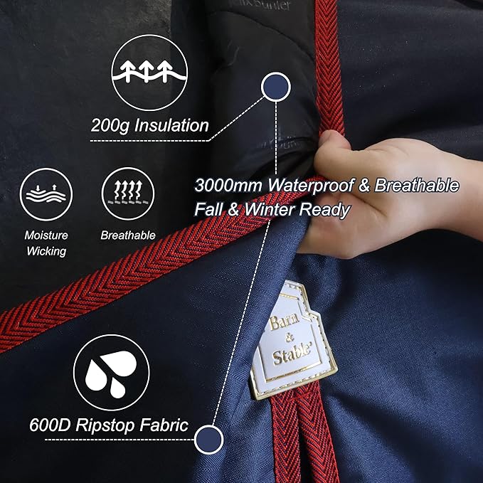BARN & STABLE 600Denier 3000mm/3000mvp Super Waterproof & Breathable Horse Blankets for Winter with 200g Fill