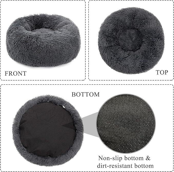 Dog Bed Large, Soft Round Cuddler Dog Beds Fluffy Plush Faux Fur Pet Beds, Anit-Anxiety Self-Warming Comfy (28", Dark Grey)