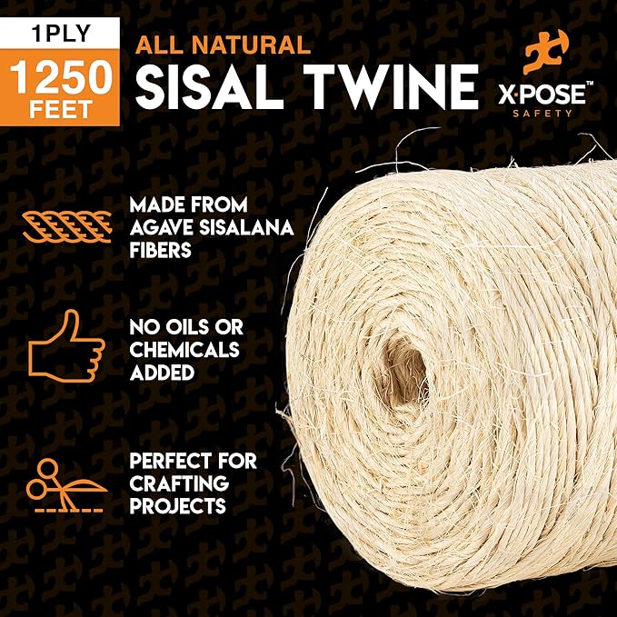 Sisal Twine - 1 Ply 1250 Ft Thin Natural Fiber Rope on Spool - Cat Scratching Post, Rope for Cat Scratcher, Cat Tree Replacement Parts, Pet Toy - Decorative Cordage for Crafts, Pole Wrap 2 Pack