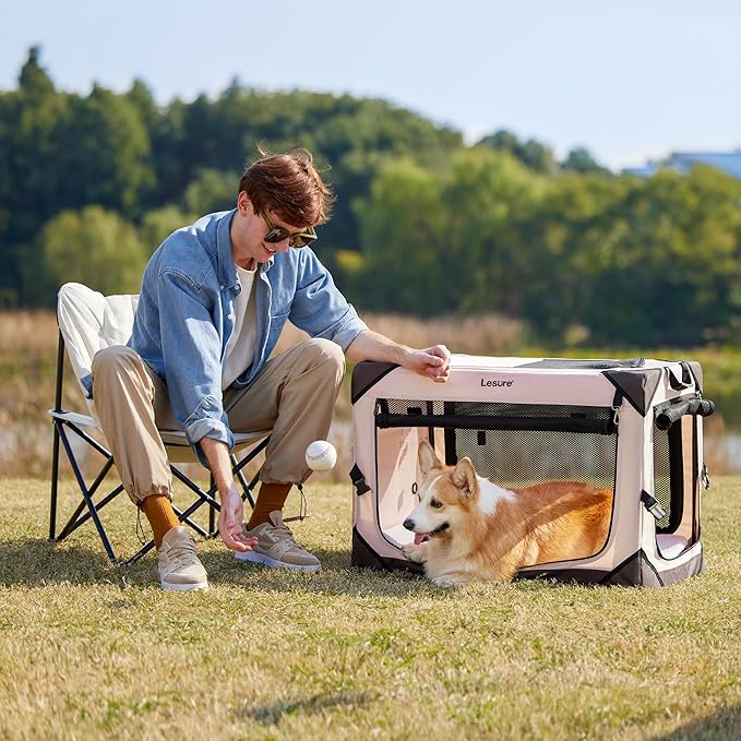 Lesure Collapsible Dog Crate - Portable Travel Kennel for Small Dog, 4-Door Pet Crate with Durable Mesh Windows, Indoor & Outdoor, Pink