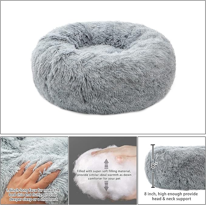 Dog Bed Large, Soft Round Cuddler Dog Beds Fluffy Plush Faux Fur Pet Beds, Anit-Anxiety Self-Warming Comfy (28", Grey)
